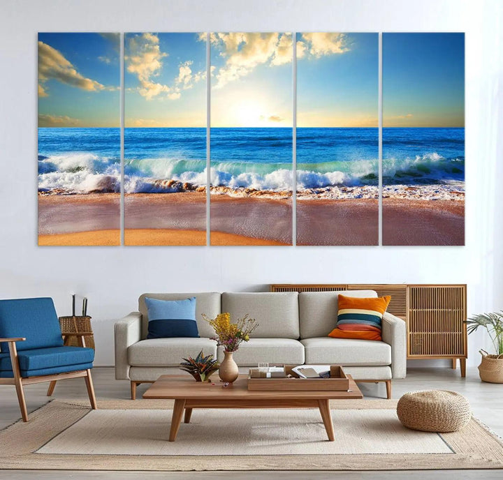 A canvas art piece titled "Tropical Beach Sunset" features ocean waves and a sandy shoreline, making it ideal for large coastal home settings.