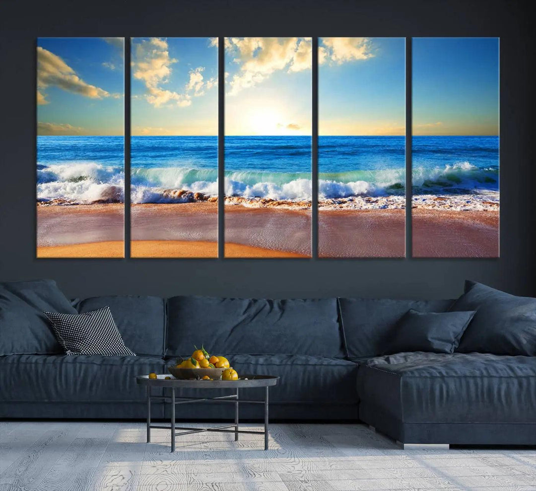 A canvas art piece titled "Tropical Beach Sunset" features ocean waves and a sandy shoreline, making it ideal for large coastal home settings.