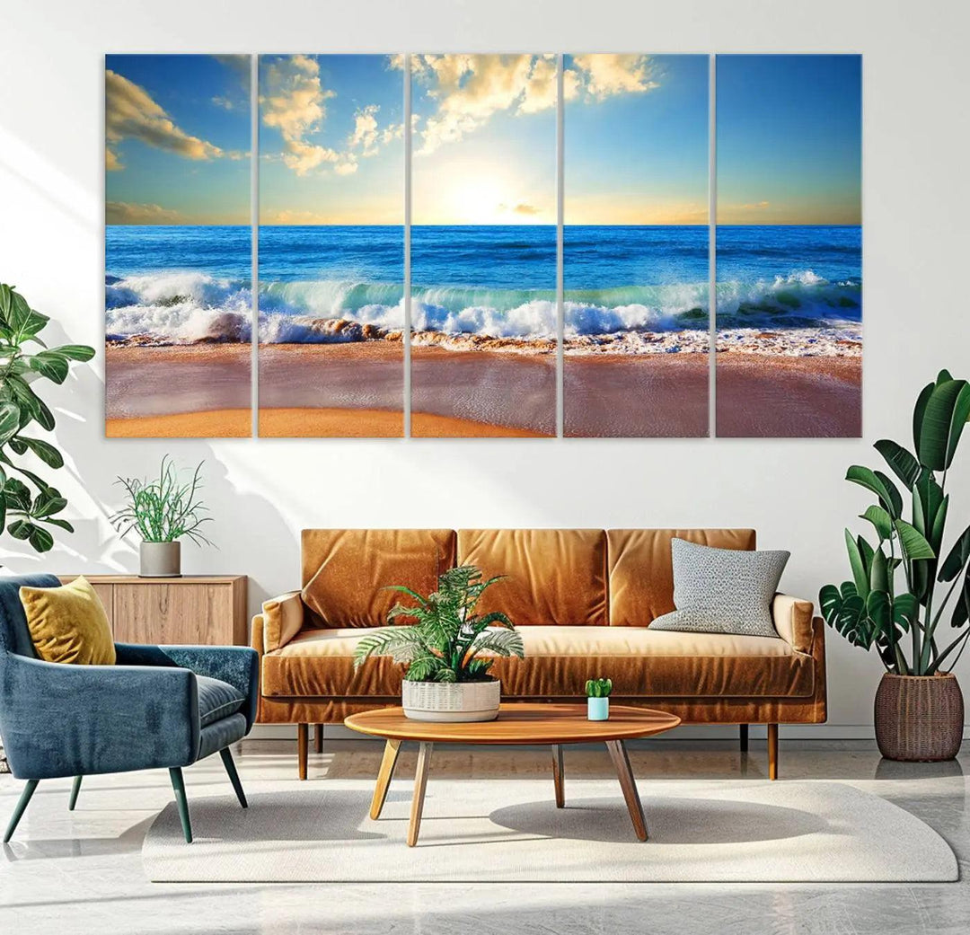 A canvas art piece titled "Tropical Beach Sunset" features ocean waves and a sandy shoreline, making it ideal for large coastal home settings.