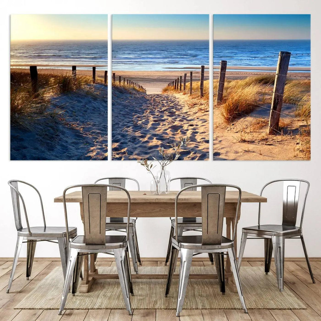 The Tropical Beach Sunset Canvas Art beautifully captures the serene beauty of ocean waves and a sandy shoreline, serving as stunning wall art for coastal homes.