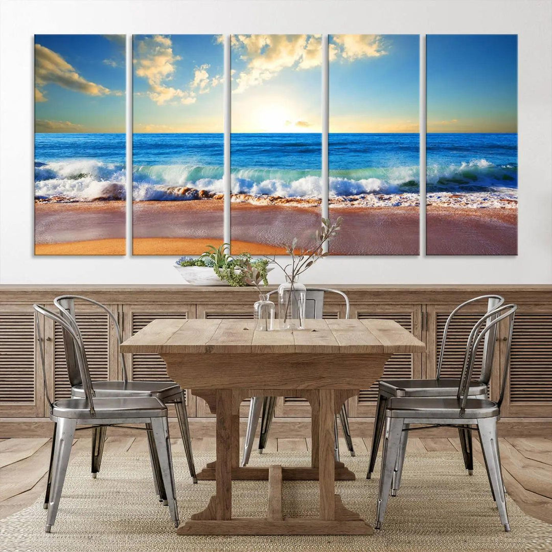 A canvas art piece titled "Tropical Beach Sunset" features ocean waves and a sandy shoreline, making it ideal for large coastal home settings.