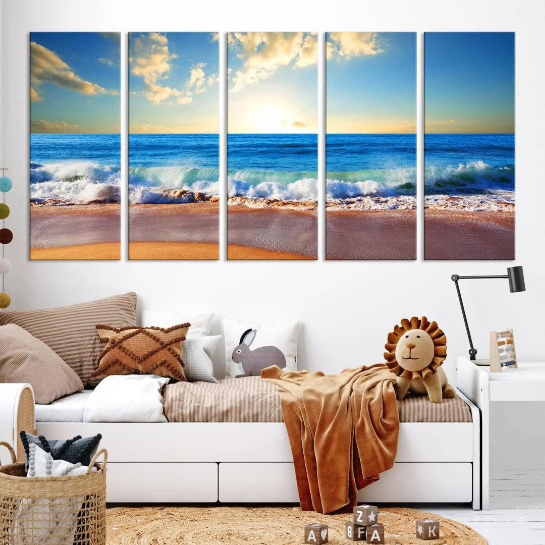 A canvas art piece titled "Tropical Beach Sunset" features ocean waves and a sandy shoreline, making it ideal for large coastal home settings.