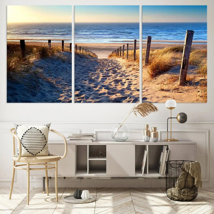 The Tropical Beach Sunset Canvas Art beautifully captures the serene beauty of ocean waves and a sandy shoreline, serving as stunning wall art for coastal homes.