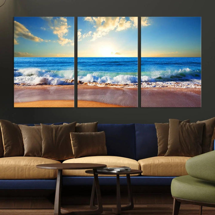 A canvas art piece titled "Tropical Beach Sunset" features ocean waves and a sandy shoreline, making it ideal for large coastal home settings.