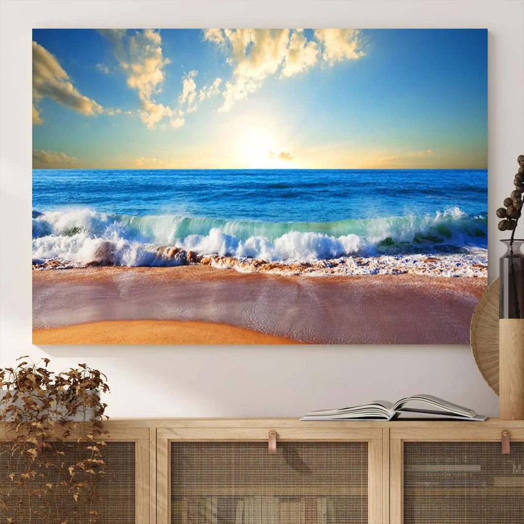 A canvas art piece titled "Tropical Beach Sunset" features ocean waves and a sandy shoreline, making it ideal for large coastal home settings.