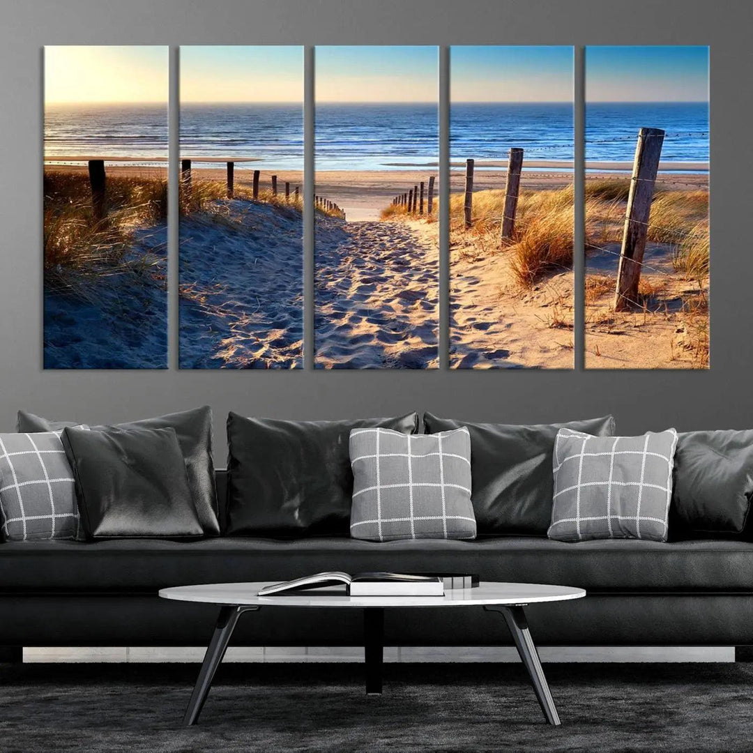 The Tropical Beach Sunset Canvas Art beautifully captures the serene beauty of ocean waves and a sandy shoreline, serving as stunning wall art for coastal homes.