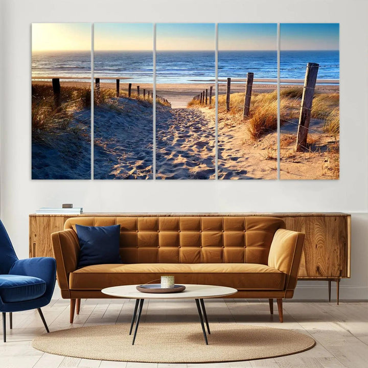 The Tropical Beach Sunset Canvas Art beautifully captures the serene beauty of ocean waves and a sandy shoreline, serving as stunning wall art for coastal homes.