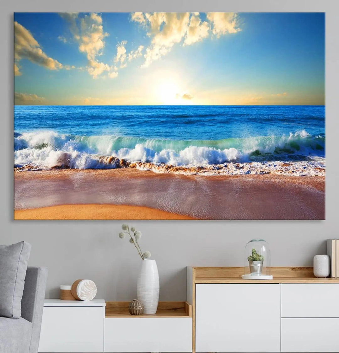 A canvas art piece titled "Tropical Beach Sunset" features ocean waves and a sandy shoreline, making it ideal for large coastal home settings.