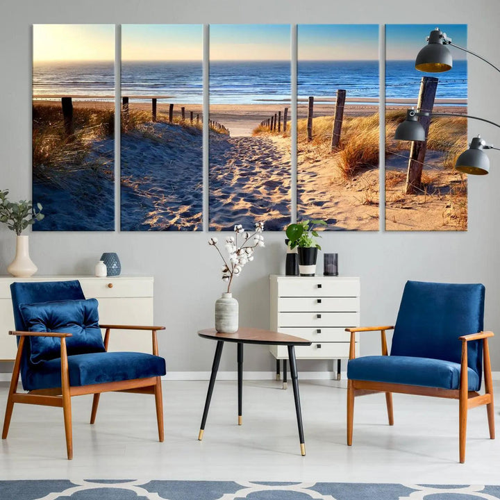 The Tropical Beach Sunset Canvas Art beautifully captures the serene beauty of ocean waves and a sandy shoreline, serving as stunning wall art for coastal homes.