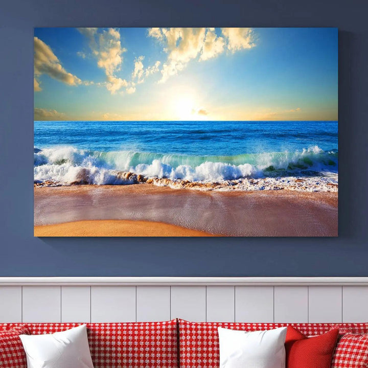 A canvas art piece titled "Tropical Beach Sunset" features ocean waves and a sandy shoreline, making it ideal for large coastal home settings.