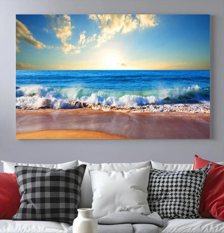 A canvas art piece titled "Tropical Beach Sunset" features ocean waves and a sandy shoreline, making it ideal for large coastal home settings.