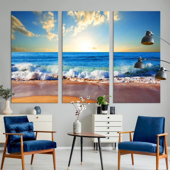 A canvas art piece titled "Tropical Beach Sunset" features ocean waves and a sandy shoreline, making it ideal for large coastal home settings.