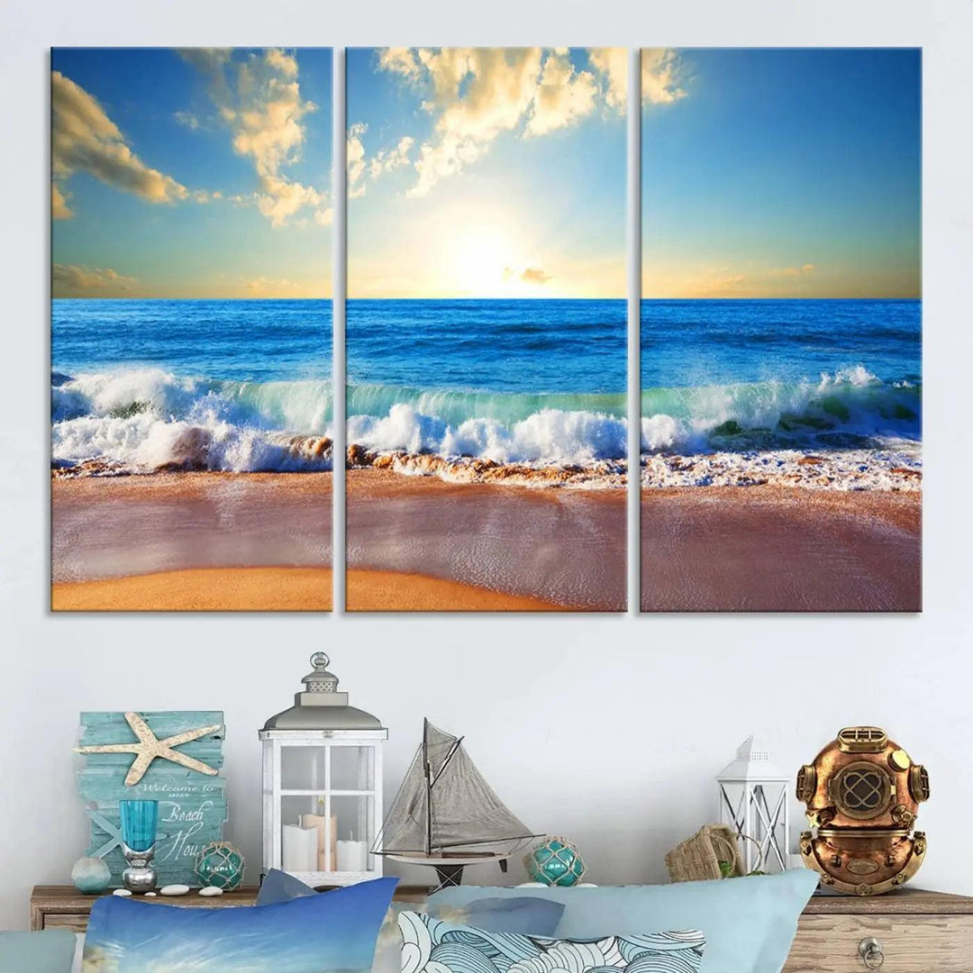 A canvas art piece titled "Tropical Beach Sunset" features ocean waves and a sandy shoreline, making it ideal for large coastal home settings.