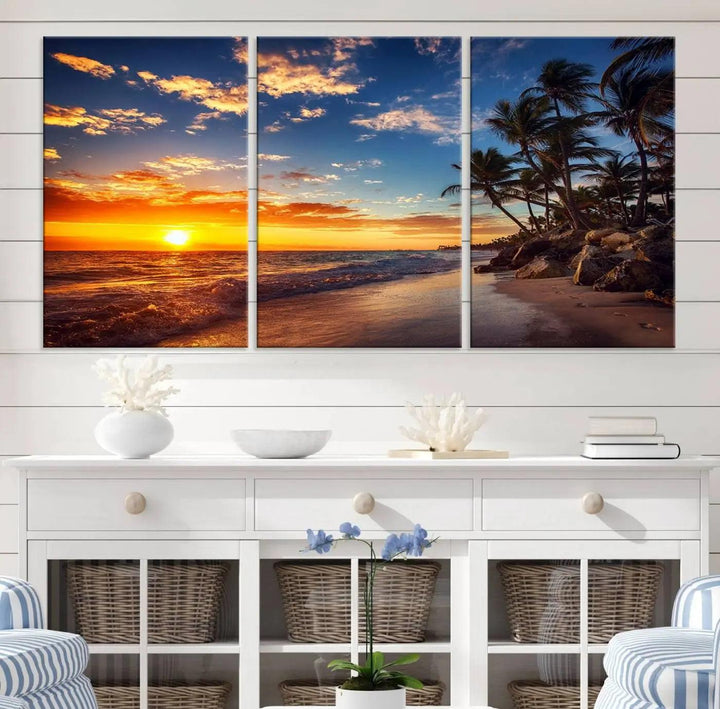 The Tropical Beach Sunset Canvas Art, featuring palm trees and ocean waves, brings an inviting atmosphere to coastal-themed homes.