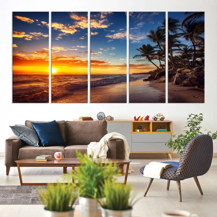 The Tropical Beach Sunset Canvas Art, featuring palm trees and ocean waves, brings an inviting atmosphere to coastal-themed homes.