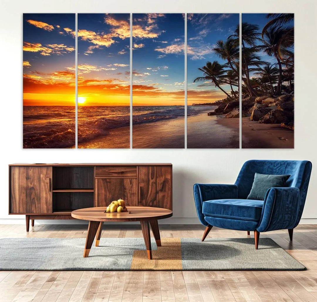 The Tropical Beach Sunset Canvas Art, featuring palm trees and ocean waves, brings an inviting atmosphere to coastal-themed homes.