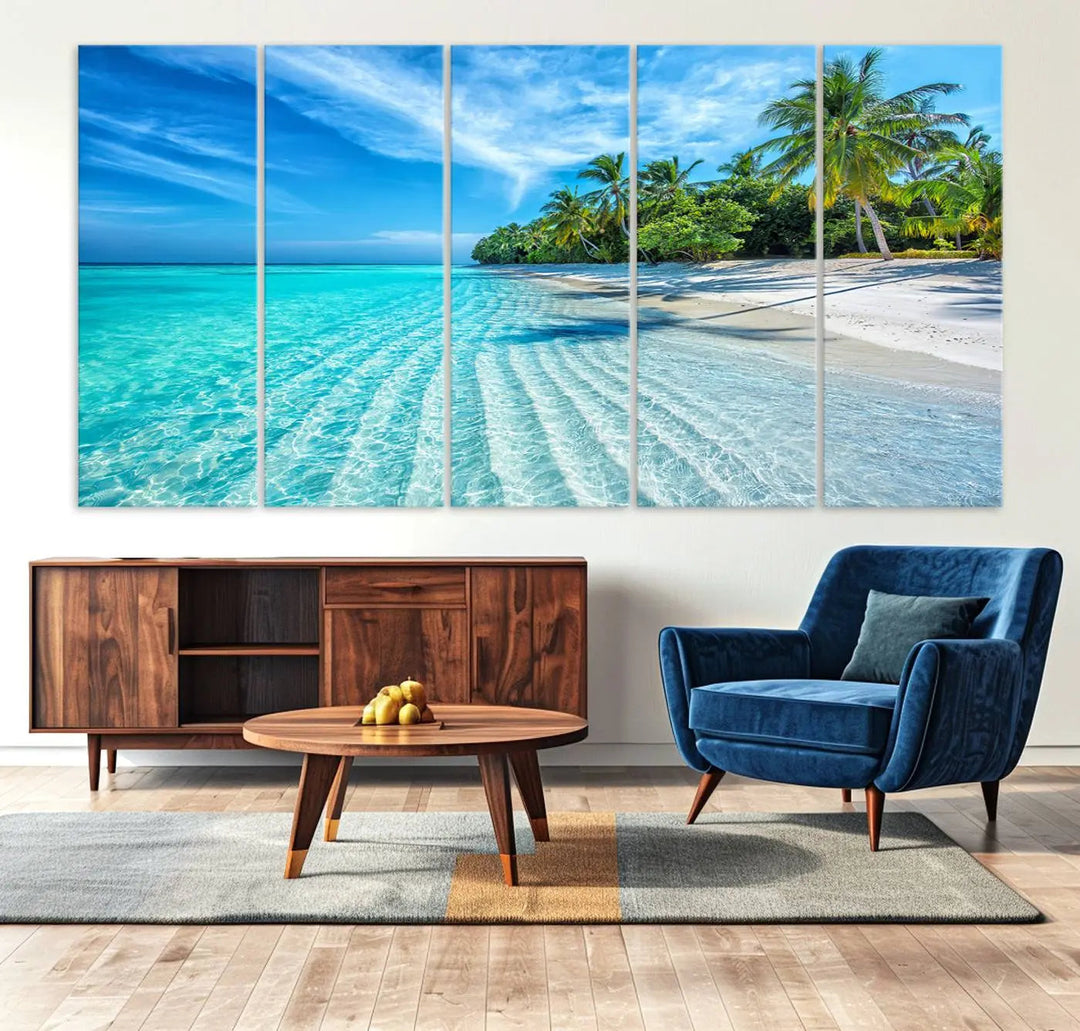 The Tropical Beach Wall Art Canvas Print showcases a serene ocean landscape with crystal clear turquoise water and palm trees, beautifully enhancing the coastal decor.