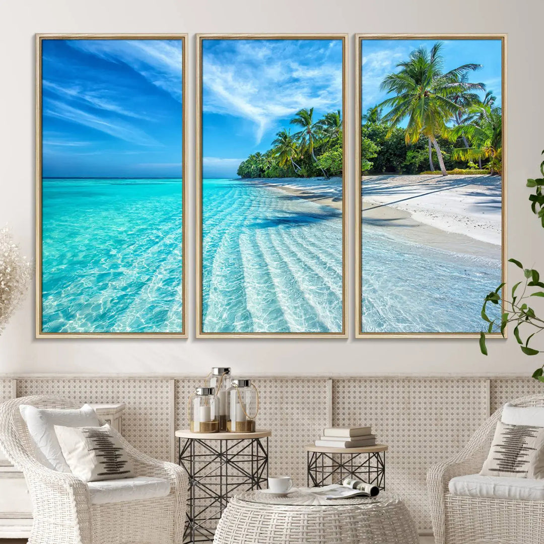 The Tropical Beach Wall Art Canvas Print showcases a serene ocean landscape with crystal clear turquoise water and palm trees, beautifully enhancing the coastal decor.