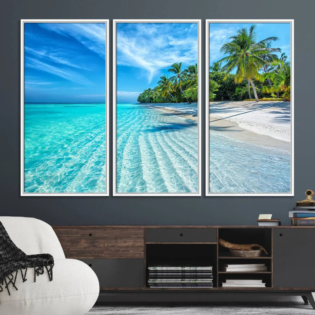 The Tropical Beach Wall Art Canvas Print showcases a serene ocean landscape with crystal clear turquoise water and palm trees, beautifully enhancing the coastal decor.