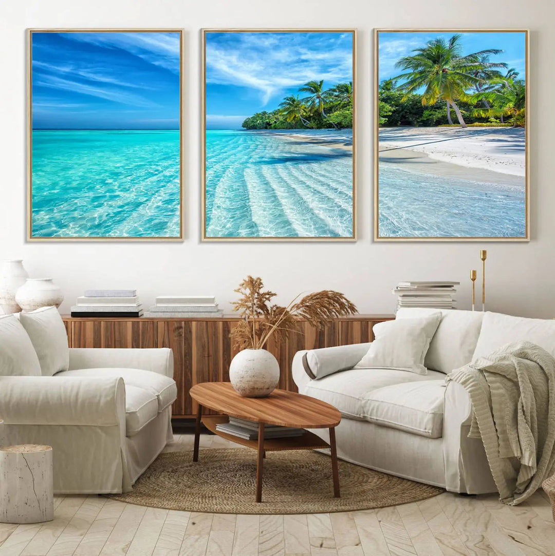 The Tropical Beach Wall Art Canvas Print showcases a serene ocean landscape with crystal clear turquoise water and palm trees, beautifully enhancing the coastal decor.