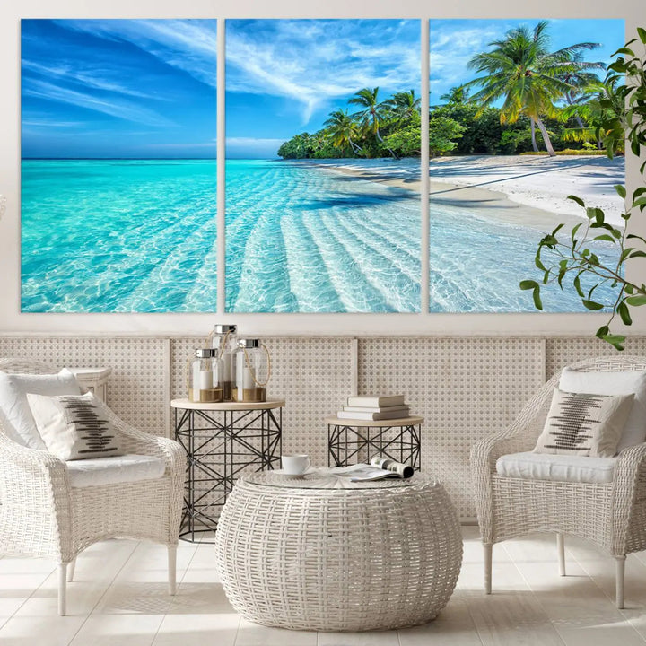 The Tropical Beach Wall Art Canvas Print showcases a serene ocean landscape with crystal clear turquoise water and palm trees, beautifully enhancing the coastal decor.