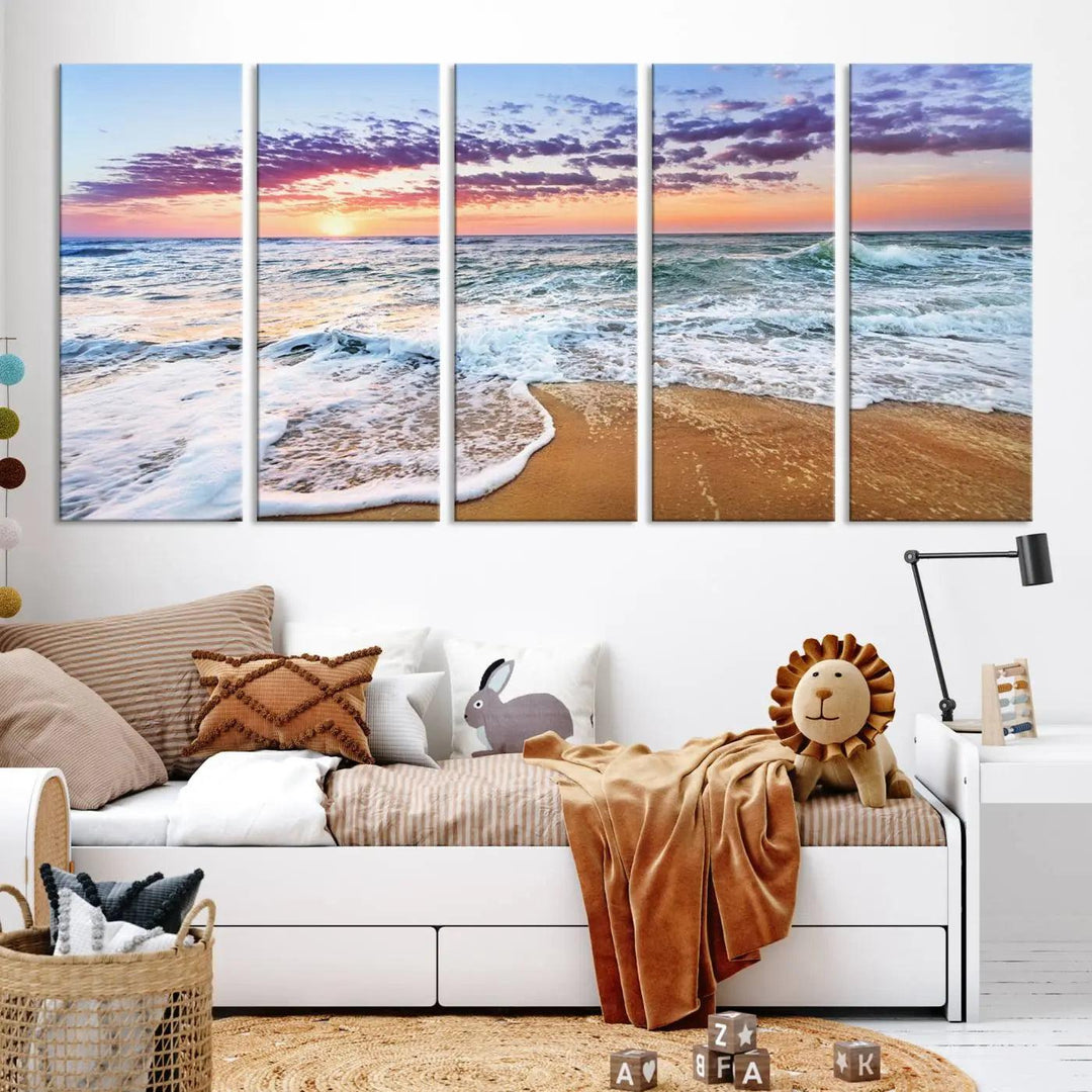 A triptych canvas wall art featuring the Tropical Beach Waves Art Print with a sunset ocean seascape adds striking beauty and perfectly complements the modern living room’s coastal decor.