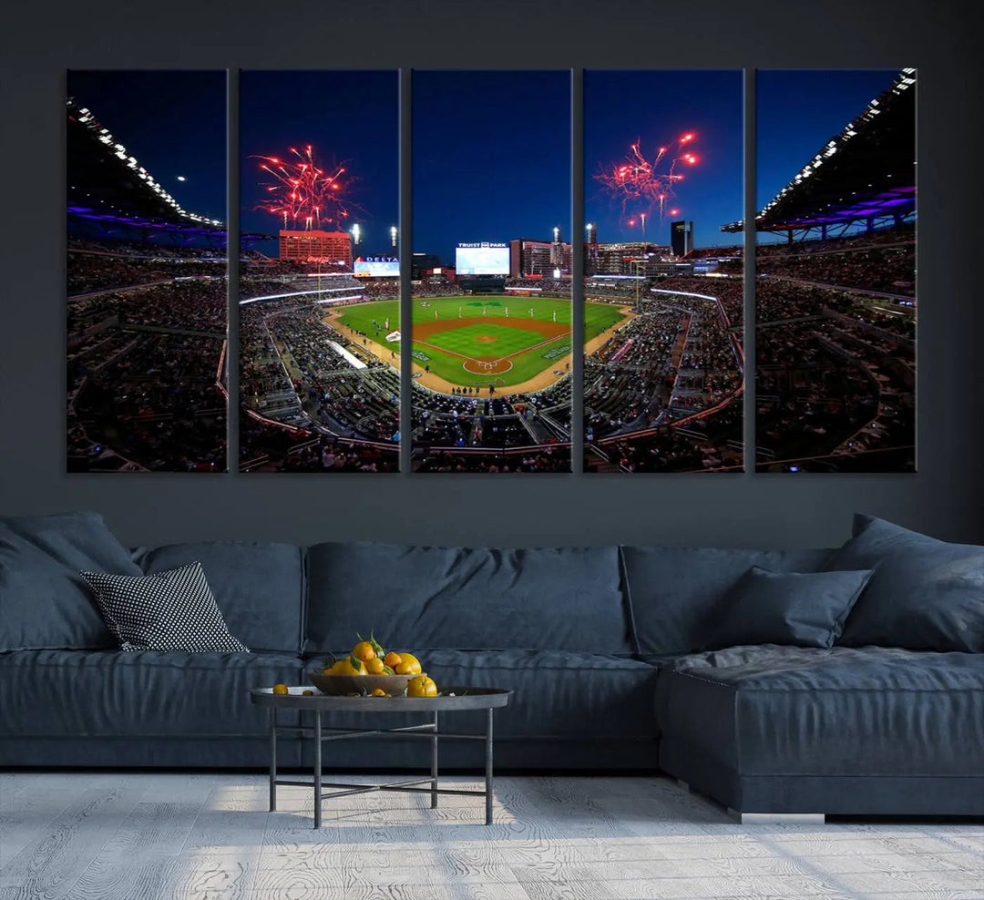 A nighttime scene of Truist Park with fireworks lighting up the sky comes to life in the Truist Park Atlanta Braves Baseball Stadium Wall Art Print, a large 3-panel canvas perfect for sports fans.