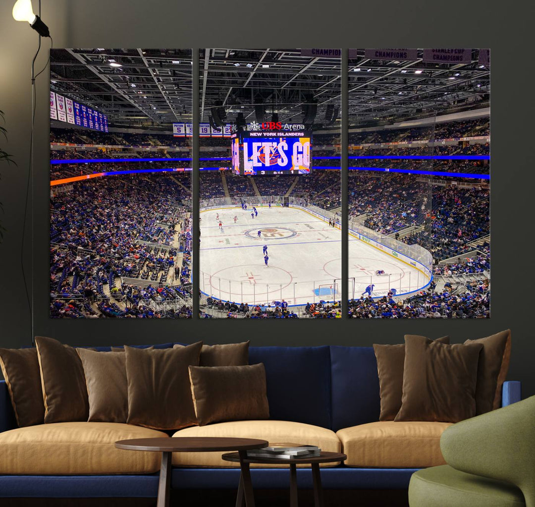 A vividly depicted hockey game at a bustling arena comes to life in your living room. This scene, captured on the UBS Arena Elmont New York Islanders Ice Hockey Wall Art Canvas Print, brings museum-quality sophistication to your space with its high-resolution detail.