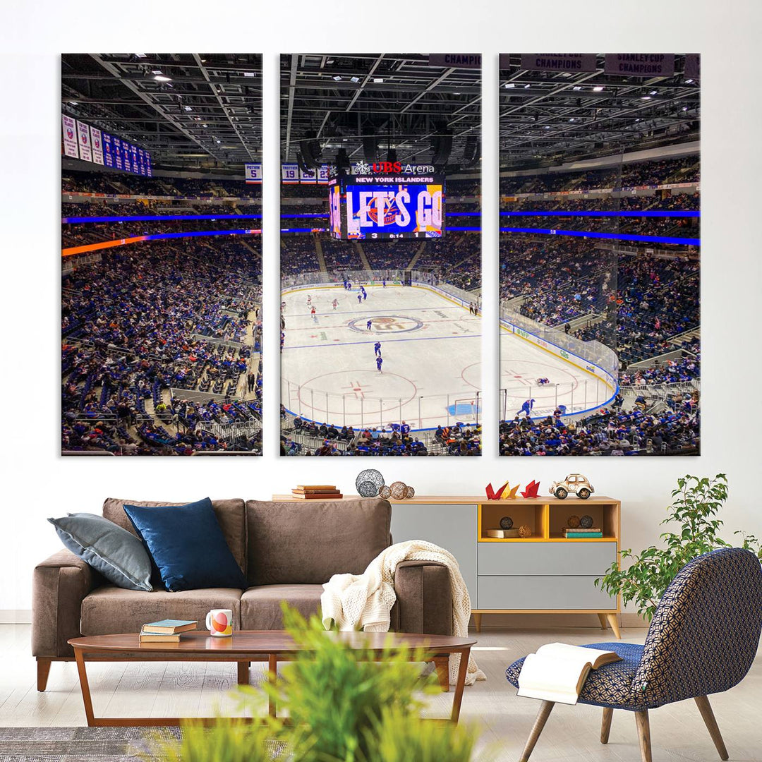 A vividly depicted hockey game at a bustling arena comes to life in your living room. This scene, captured on the UBS Arena Elmont New York Islanders Ice Hockey Wall Art Canvas Print, brings museum-quality sophistication to your space with its high-resolution detail.