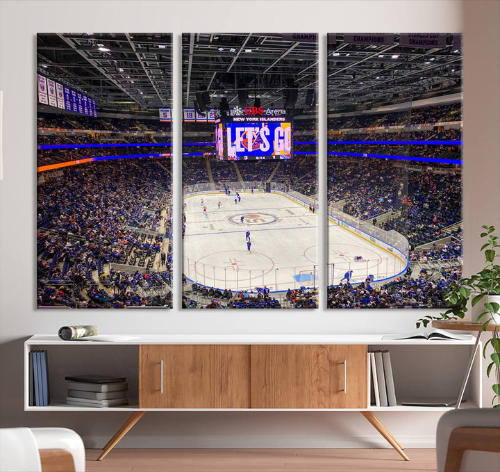 A vividly depicted hockey game at a bustling arena comes to life in your living room. This scene, captured on the UBS Arena Elmont New York Islanders Ice Hockey Wall Art Canvas Print, brings museum-quality sophistication to your space with its high-resolution detail.