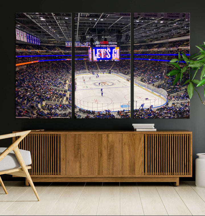 A vividly depicted hockey game at a bustling arena comes to life in your living room. This scene, captured on the UBS Arena Elmont New York Islanders Ice Hockey Wall Art Canvas Print, brings museum-quality sophistication to your space with its high-resolution detail.