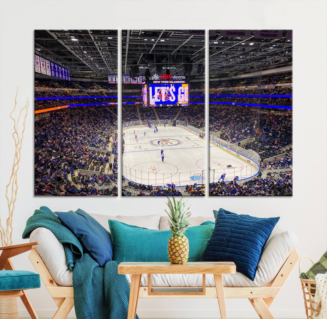 A vividly depicted hockey game at a bustling arena comes to life in your living room. This scene, captured on the UBS Arena Elmont New York Islanders Ice Hockey Wall Art Canvas Print, brings museum-quality sophistication to your space with its high-resolution detail.