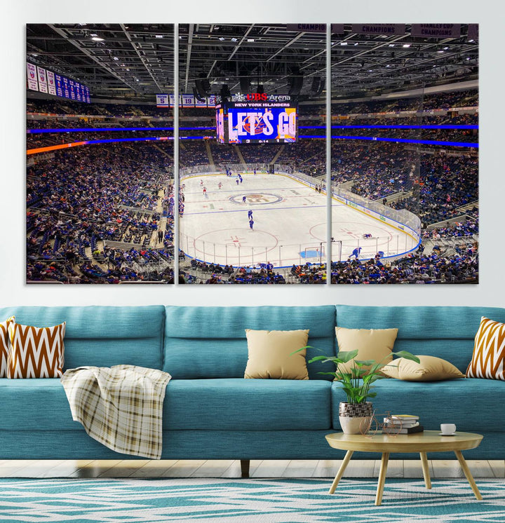 A vividly depicted hockey game at a bustling arena comes to life in your living room. This scene, captured on the UBS Arena Elmont New York Islanders Ice Hockey Wall Art Canvas Print, brings museum-quality sophistication to your space with its high-resolution detail.