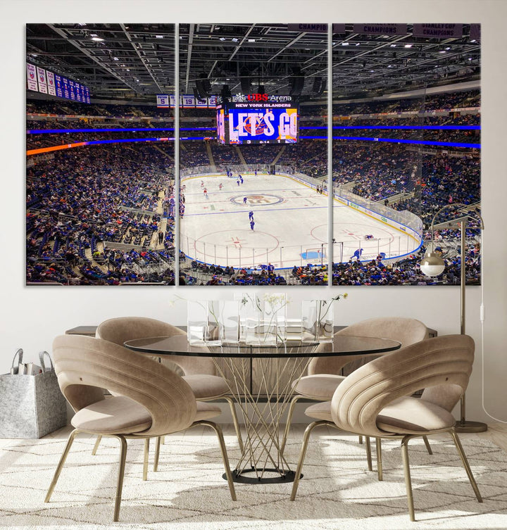 A vividly depicted hockey game at a bustling arena comes to life in your living room. This scene, captured on the UBS Arena Elmont New York Islanders Ice Hockey Wall Art Canvas Print, brings museum-quality sophistication to your space with its high-resolution detail.