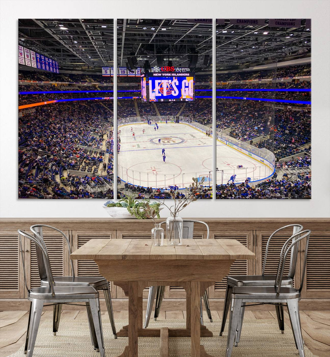 A vividly depicted hockey game at a bustling arena comes to life in your living room. This scene, captured on the UBS Arena Elmont New York Islanders Ice Hockey Wall Art Canvas Print, brings museum-quality sophistication to your space with its high-resolution detail.