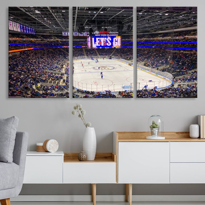 A vividly depicted hockey game at a bustling arena comes to life in your living room. This scene, captured on the UBS Arena Elmont New York Islanders Ice Hockey Wall Art Canvas Print, brings museum-quality sophistication to your space with its high-resolution detail.