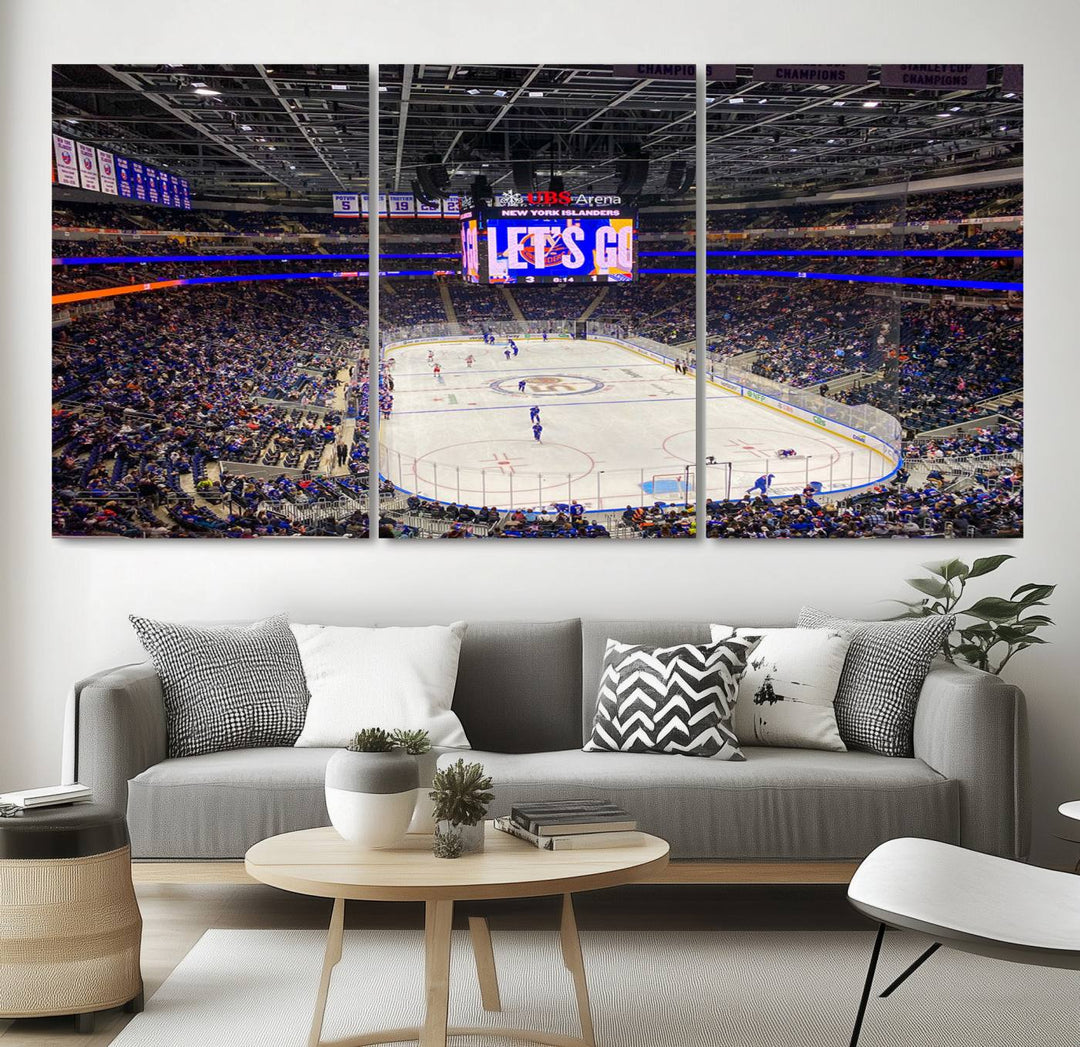 A vividly depicted hockey game at a bustling arena comes to life in your living room. This scene, captured on the UBS Arena Elmont New York Islanders Ice Hockey Wall Art Canvas Print, brings museum-quality sophistication to your space with its high-resolution detail.