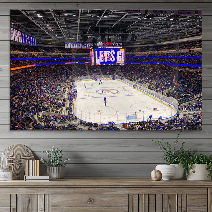 A vividly depicted hockey game at a bustling arena comes to life in your living room. This scene, captured on the UBS Arena Elmont New York Islanders Ice Hockey Wall Art Canvas Print, brings museum-quality sophistication to your space with its high-resolution detail.