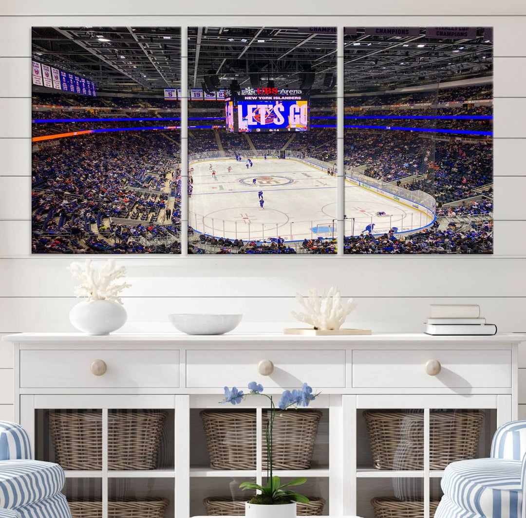 A vividly depicted hockey game at a bustling arena comes to life in your living room. This scene, captured on the UBS Arena Elmont New York Islanders Ice Hockey Wall Art Canvas Print, brings museum-quality sophistication to your space with its high-resolution detail.