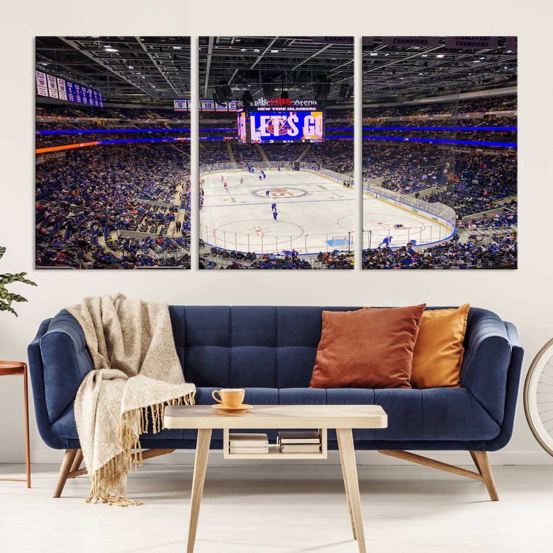 A vividly depicted hockey game at a bustling arena comes to life in your living room. This scene, captured on the UBS Arena Elmont New York Islanders Ice Hockey Wall Art Canvas Print, brings museum-quality sophistication to your space with its high-resolution detail.