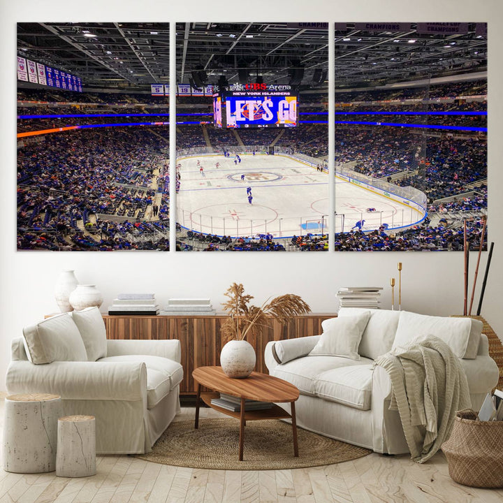 A vividly depicted hockey game at a bustling arena comes to life in your living room. This scene, captured on the UBS Arena Elmont New York Islanders Ice Hockey Wall Art Canvas Print, brings museum-quality sophistication to your space with its high-resolution detail.