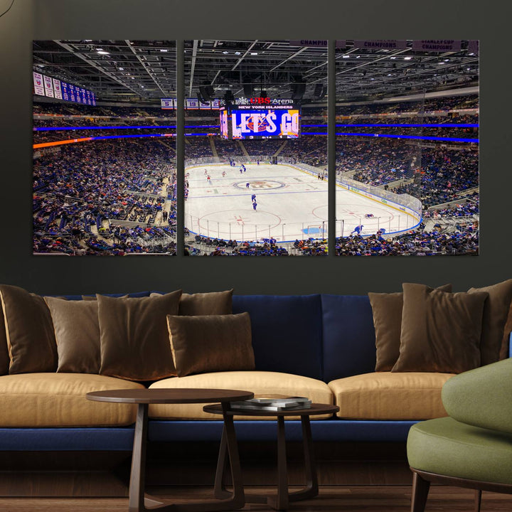 A vividly depicted hockey game at a bustling arena comes to life in your living room. This scene, captured on the UBS Arena Elmont New York Islanders Ice Hockey Wall Art Canvas Print, brings museum-quality sophistication to your space with its high-resolution detail.