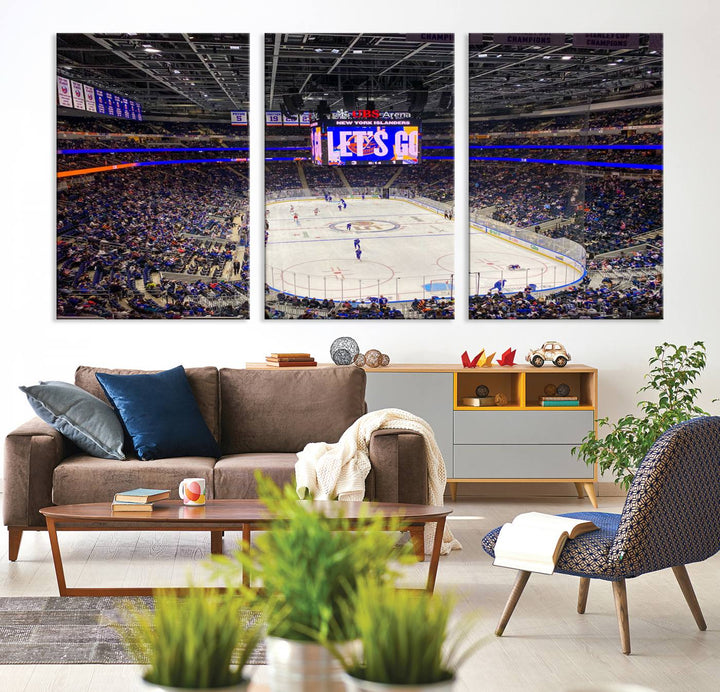 A vividly depicted hockey game at a bustling arena comes to life in your living room. This scene, captured on the UBS Arena Elmont New York Islanders Ice Hockey Wall Art Canvas Print, brings museum-quality sophistication to your space with its high-resolution detail.