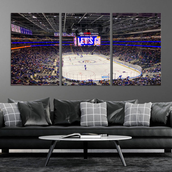 A vividly depicted hockey game at a bustling arena comes to life in your living room. This scene, captured on the UBS Arena Elmont New York Islanders Ice Hockey Wall Art Canvas Print, brings museum-quality sophistication to your space with its high-resolution detail.