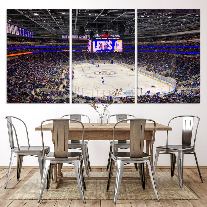 A vividly depicted hockey game at a bustling arena comes to life in your living room. This scene, captured on the UBS Arena Elmont New York Islanders Ice Hockey Wall Art Canvas Print, brings museum-quality sophistication to your space with its high-resolution detail.