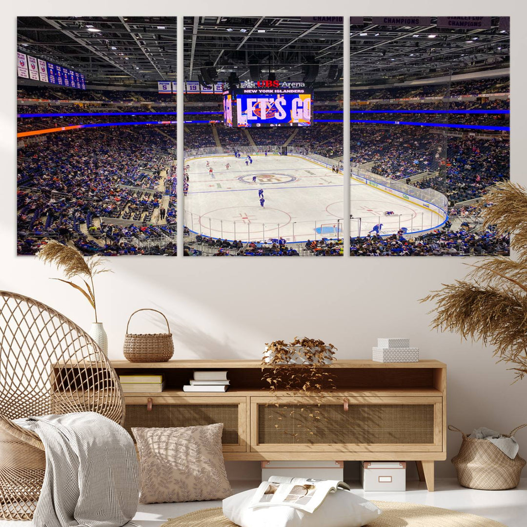 A vividly depicted hockey game at a bustling arena comes to life in your living room. This scene, captured on the UBS Arena Elmont New York Islanders Ice Hockey Wall Art Canvas Print, brings museum-quality sophistication to your space with its high-resolution detail.