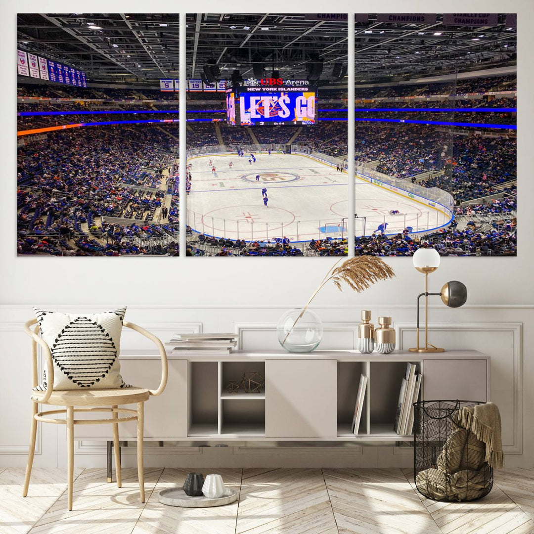 A vividly depicted hockey game at a bustling arena comes to life in your living room. This scene, captured on the UBS Arena Elmont New York Islanders Ice Hockey Wall Art Canvas Print, brings museum-quality sophistication to your space with its high-resolution detail.