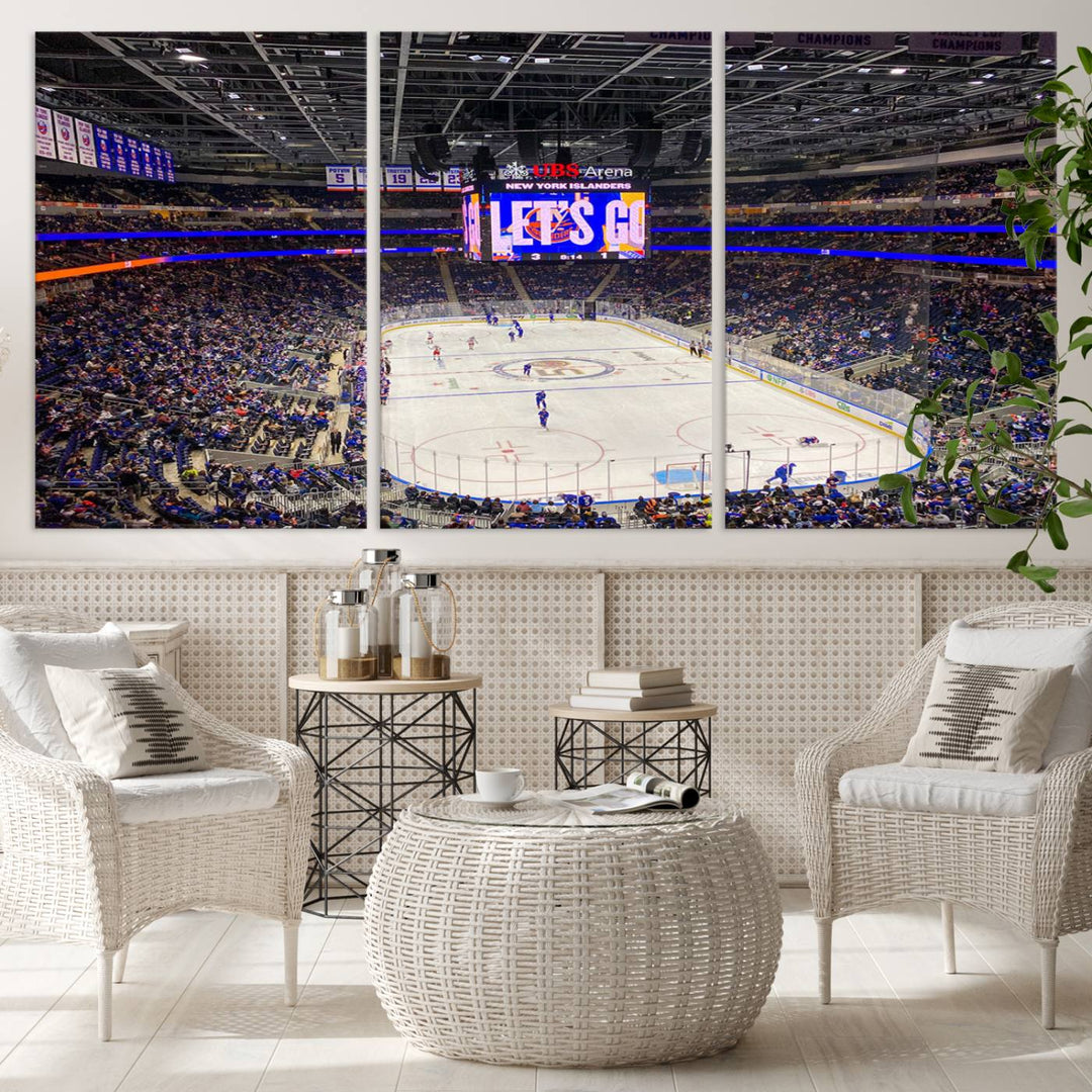 A vividly depicted hockey game at a bustling arena comes to life in your living room. This scene, captured on the UBS Arena Elmont New York Islanders Ice Hockey Wall Art Canvas Print, brings museum-quality sophistication to your space with its high-resolution detail.