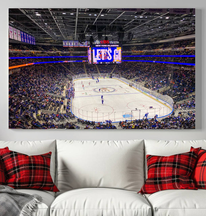 A vividly depicted hockey game at a bustling arena comes to life in your living room. This scene, captured on the UBS Arena Elmont New York Islanders Ice Hockey Wall Art Canvas Print, brings museum-quality sophistication to your space with its high-resolution detail.