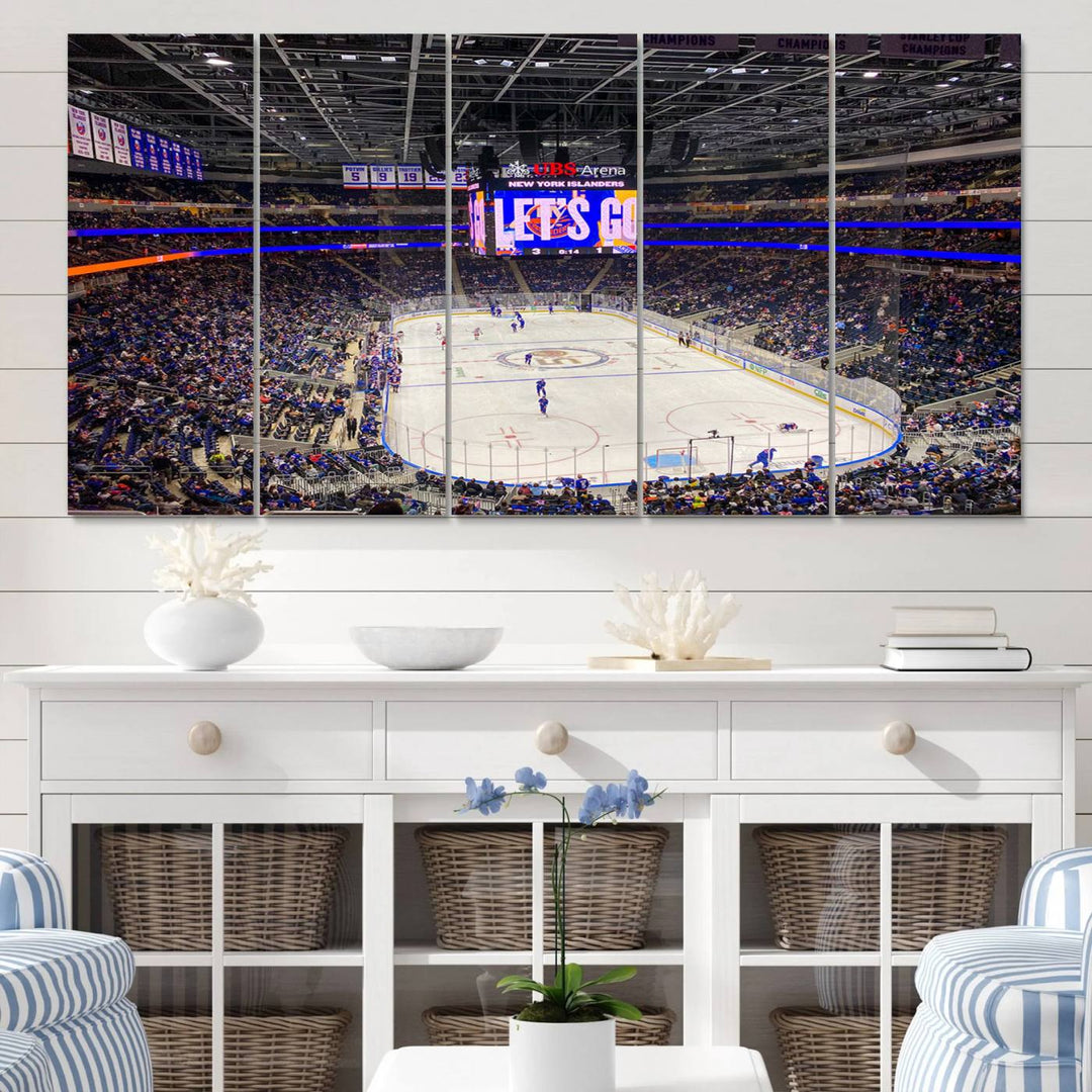 A vividly depicted hockey game at a bustling arena comes to life in your living room. This scene, captured on the UBS Arena Elmont New York Islanders Ice Hockey Wall Art Canvas Print, brings museum-quality sophistication to your space with its high-resolution detail.